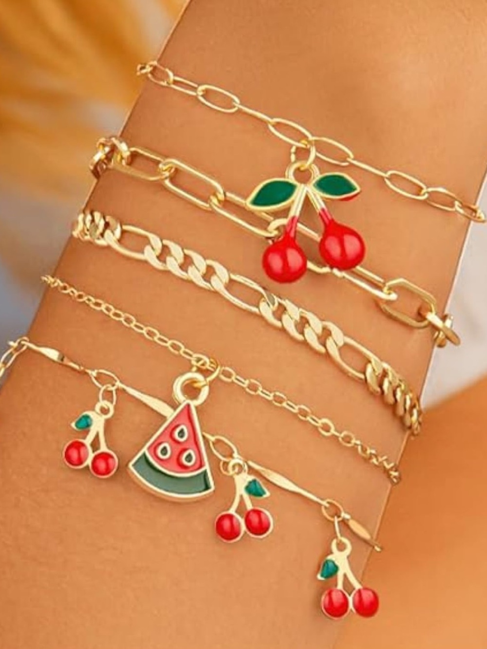 Anthropologie Gold-Tone Cherry & Watermelon Charm Bracelet Set - Red, Green